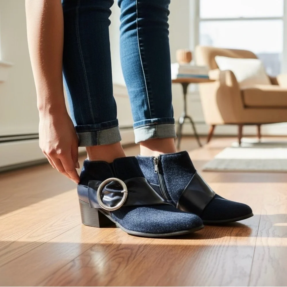 Women's Ankle Boots with Ring Buckle, Navy Blue Suede, Size 7